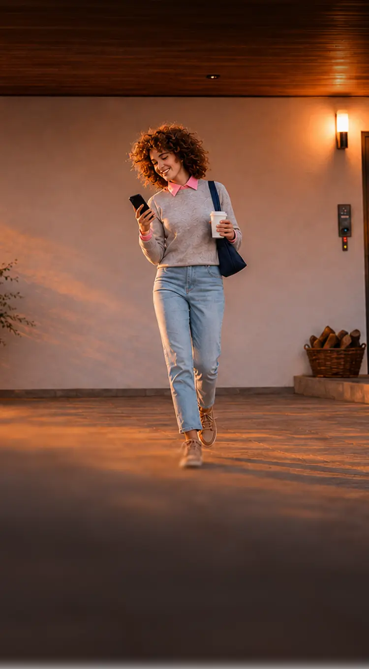 A driver walking outside at dusk, smiling at her phone with a coffee in hand.